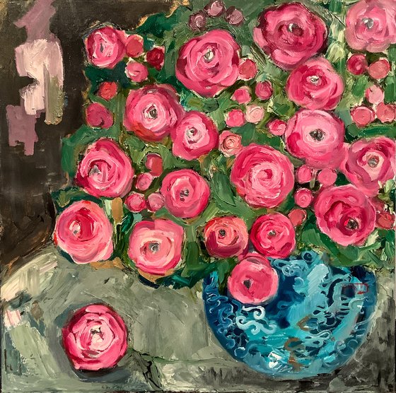 "Pink Blooms in Blue Pottery" (24 x 24 inches)