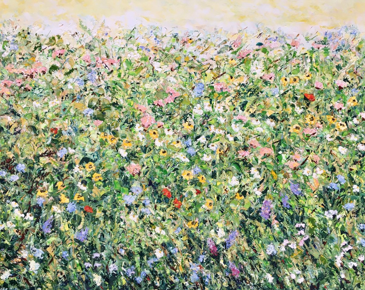 Large Flowers Meadow Impasto Oil Painting On Canvas Original Signed Summer Field Wall Art... by Vilma Gataveckiene