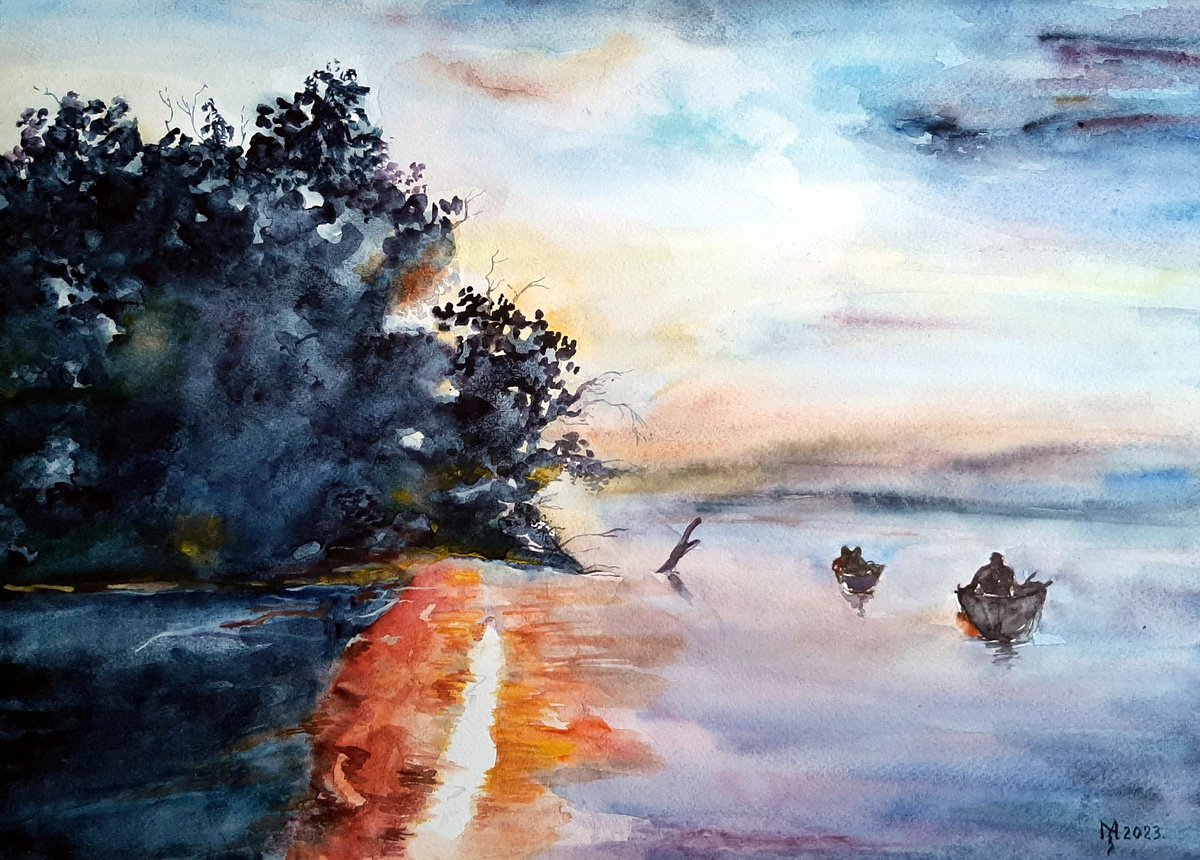 Impressionistic Watercolour , Morning On The River By Zoran Mihajlovic Muza, 19 X 13, Artwork For Sale On Artfinder