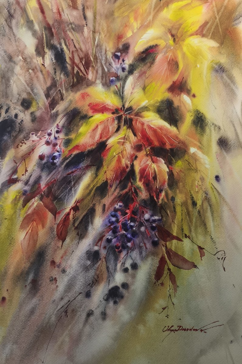 Impressionistic Botanical Watercolour By Olga Drozdova, 15 X 22", Autumn Vibes, Original Artwork
