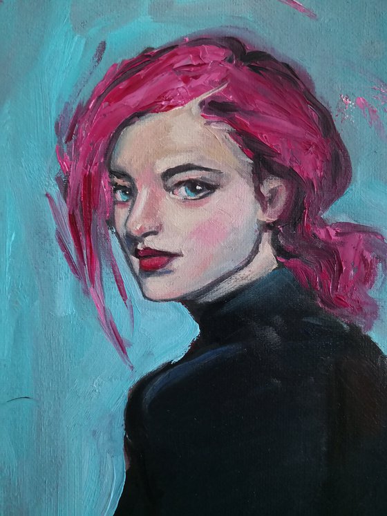A girl with pink hair and pink scarf