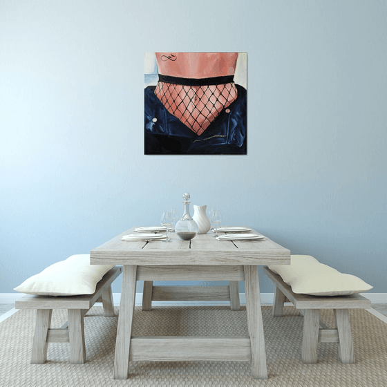 CAGE - painting on canvas woman body nude tights blue jeans freedom infinity home interior office art feminism erotic art