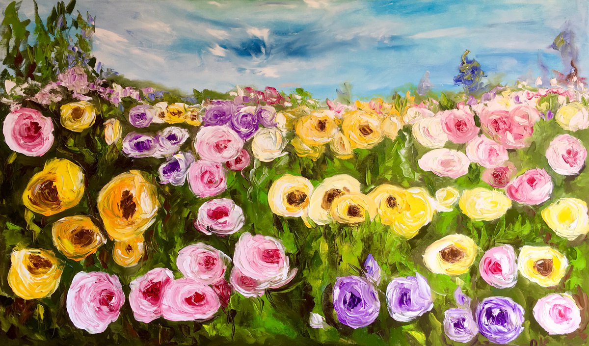 Large size WHITE PINK YELLOW PURPLE  ROSES in a Greenwich rose garden palette  knife moder... by Olga Koval