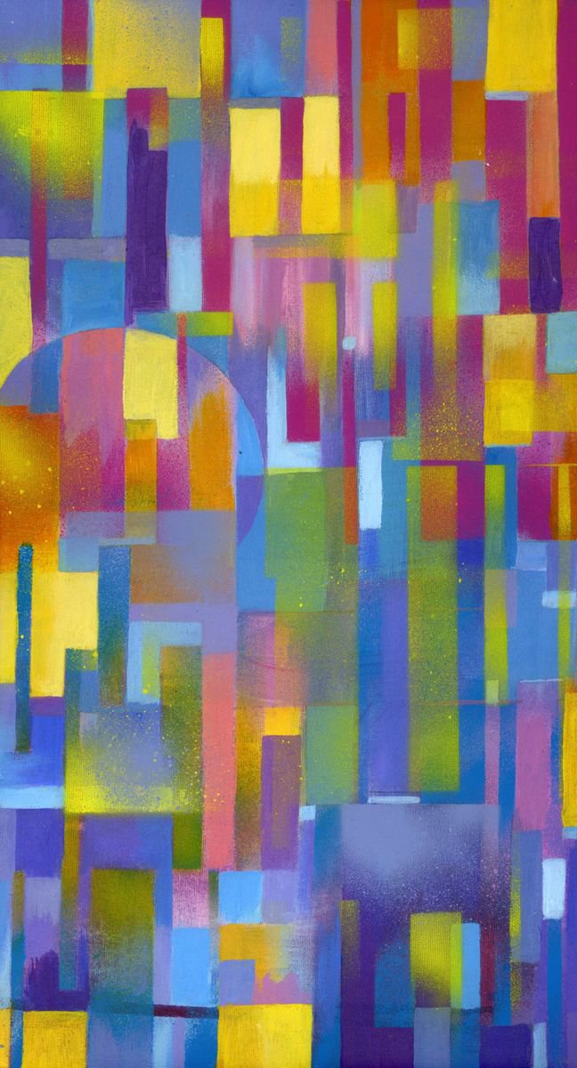 Geometric Abstract Acrylic Painting By Alfred Ng, 12 X 22, Melody Of Colors, Original Artwork