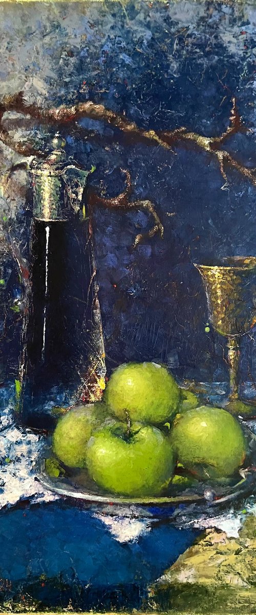 Cozy blue still life with apples by Yulia Odukalets