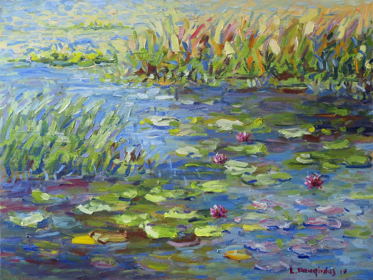 Impressionistic Botanical Oil Painting By Liudvikas Daugirdas, 31 X 24", Nymphaeas In The Lake, Original Artwork
