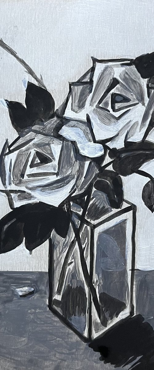 Black white roses acrylic by Roman Sergienko
