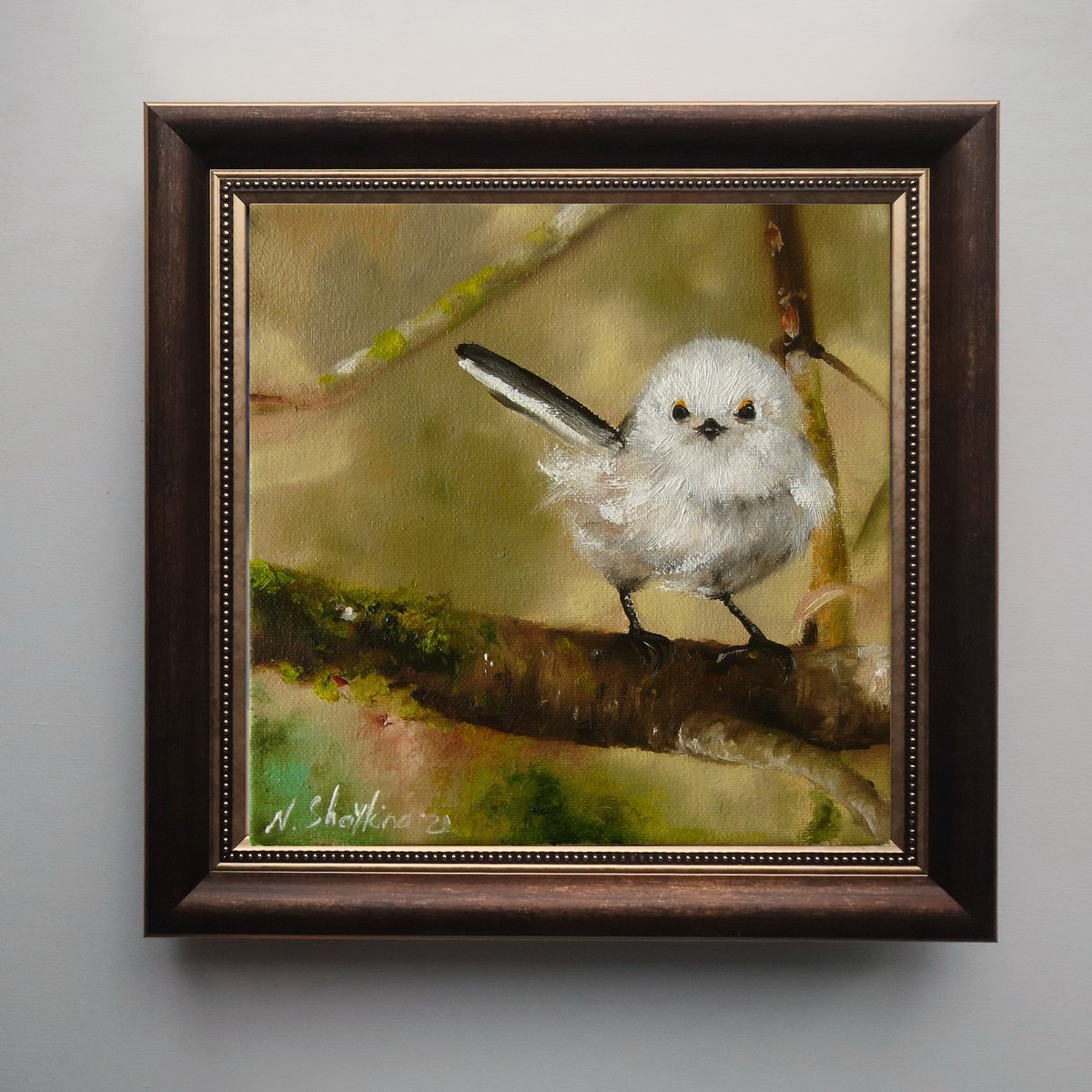 Impressionistic Animal Oil Painting By Natalia Shaykina, 10 X 10", Fluffy White Bird, Original Artwork