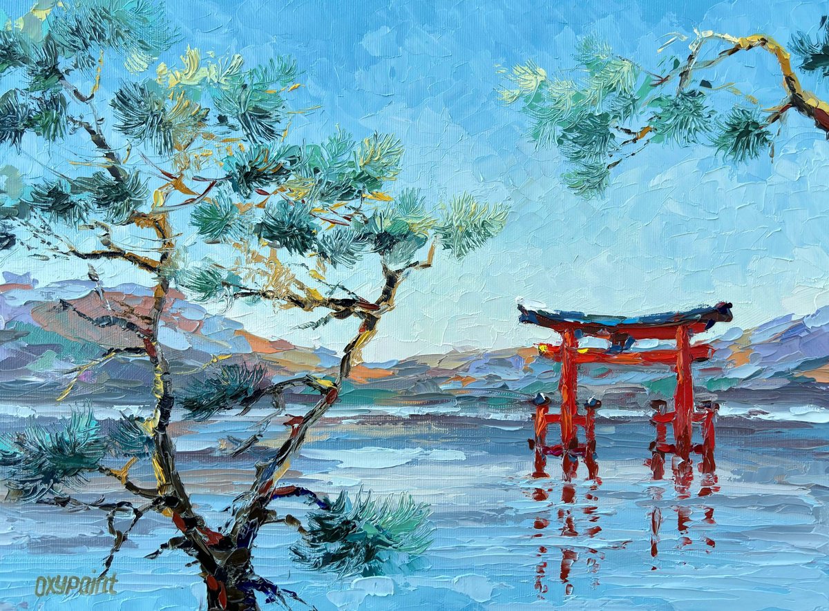 Impressionistic Landscape Oil Painting By Oxypoint, 16 X 12", "Torii. Gate To Eternity", Original Artwork