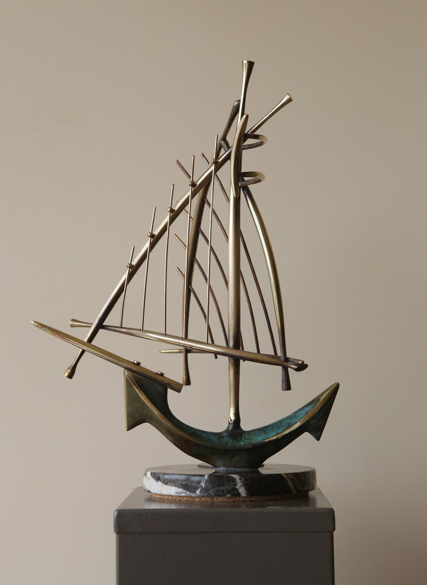 Abstract Bronze Sculpture By Krasimir Krastev, 14 X 18", Sailboat With Anchor, Original Artwork