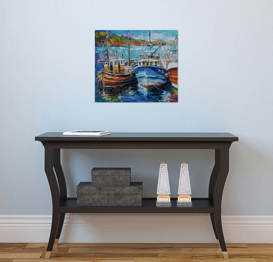 Painting Fishing boats, Nautical Painting, boat yacht bay