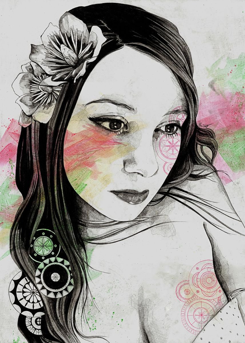 TREASURE (street art portrait of young girl in bra, mandalas and magnolia flowers, pencil... by Marco Paludet