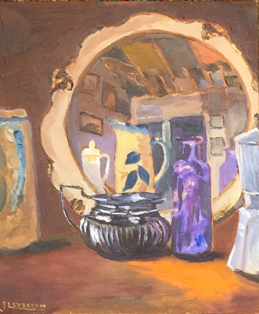 Still Life of Antique Objects before a gilded mirror on a table! Lovely Painting! by Julian Lovegrove Art