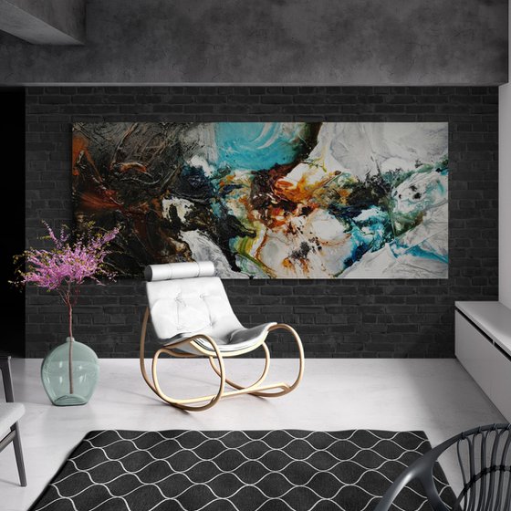 Natural Potion 240cm x 100cm Teal Black White Textured Abstract Art