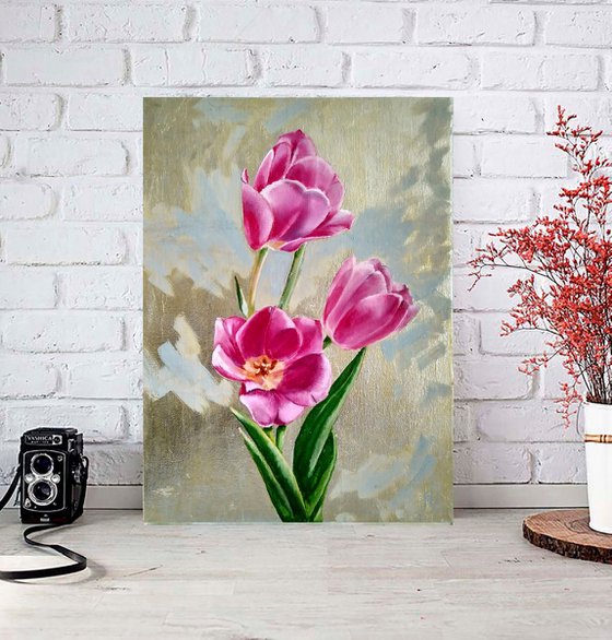 Tulips on a silver background