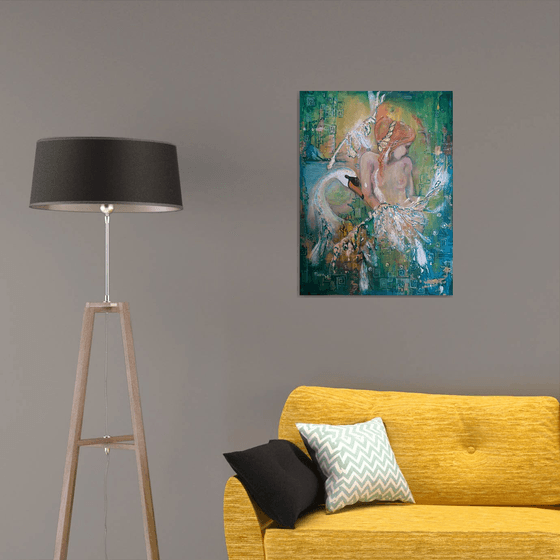 "Leda and the swan", original Mixed Media painting, 80x60x2cm