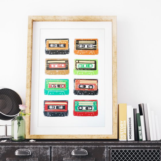 Linocut tapes #37 (cassette tapes, retro music, 70's, 80's rock culture)