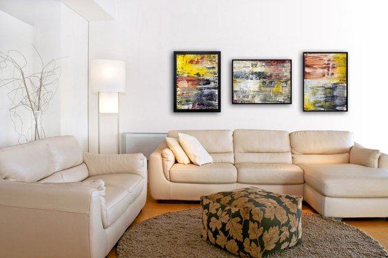 "The Usual Suspects" - FREE USA SHIPPING - Original PMS Abstract Triptych Acrylic Paintings On Canvas and Wood, Framed - 66" x 26"