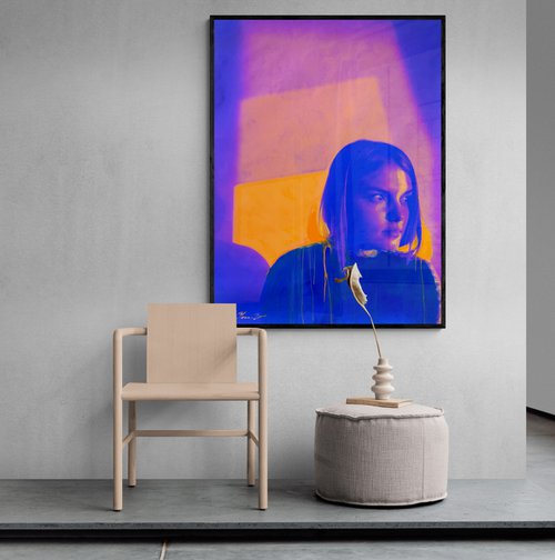 Bright painting - "Blue-orange girl" - Pop Art - Portrait - Neon art - 130x100cm by Yaroslav Yasenev