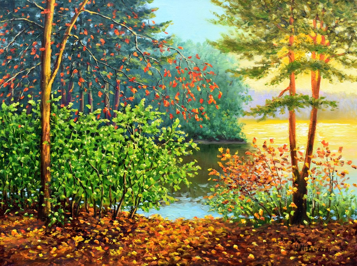 Impressionistic Landscape Oil Painting By Yulia Nikonova, 24 X 18", October Evening, Original Artwork