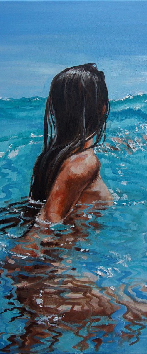 " BLUE ... " original painting SEA summer GIFT sea swimming by Monika Luniak