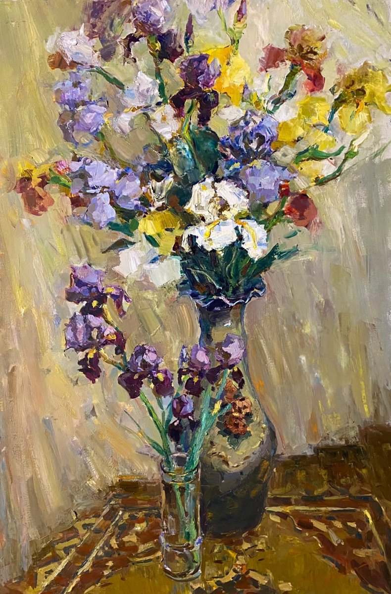 Impressionistic Botanical Oil Painting By Oleksii Chebotaru, 32 X 47", Irises, Original Artwork