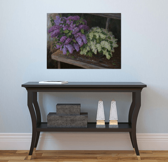 Lush Bouquets Of Lilacs On The Bench In The Garden - original floral spring oil painting on canvas