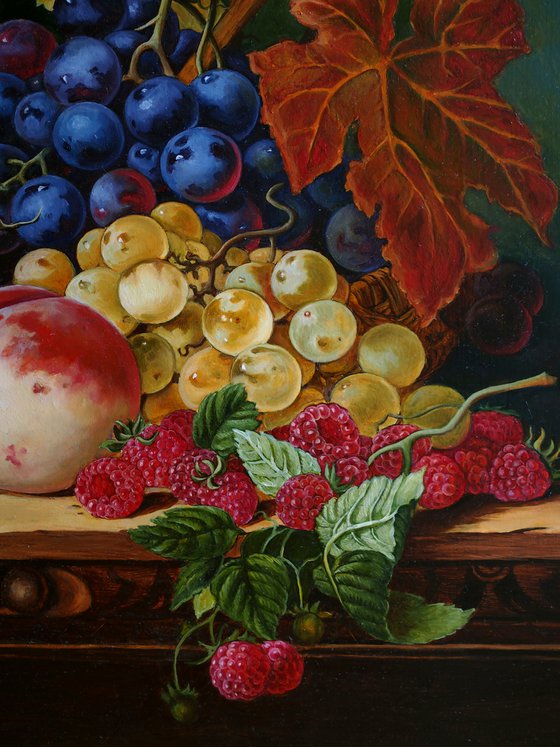 Still Life with Chinese Vase, Grapes, Peach and Raspberry