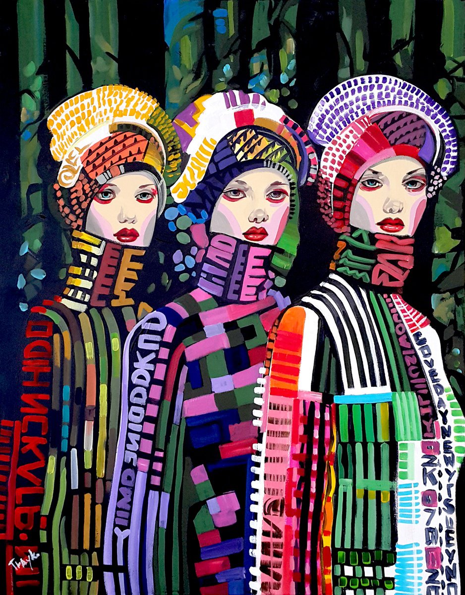 Abstract Portrait Acrylic Painting By Trayko Popov, 31 X 39", Daughters Of The Forest, Original Artwork