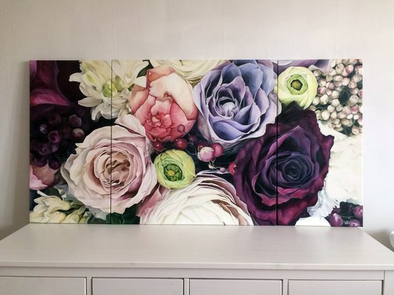 Oil Painting Triptych with flowers "Soul notes" 160*80 см