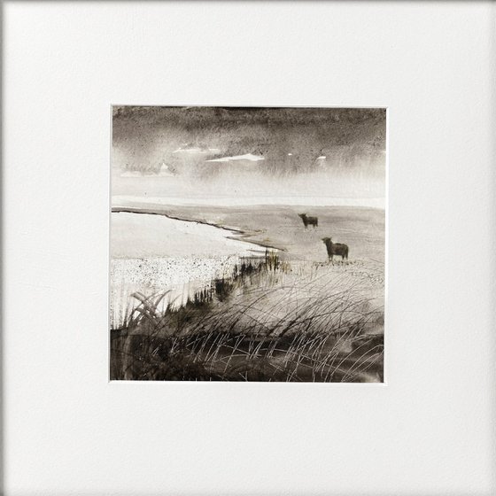 Monochrome Highland Cattle Marshes framed