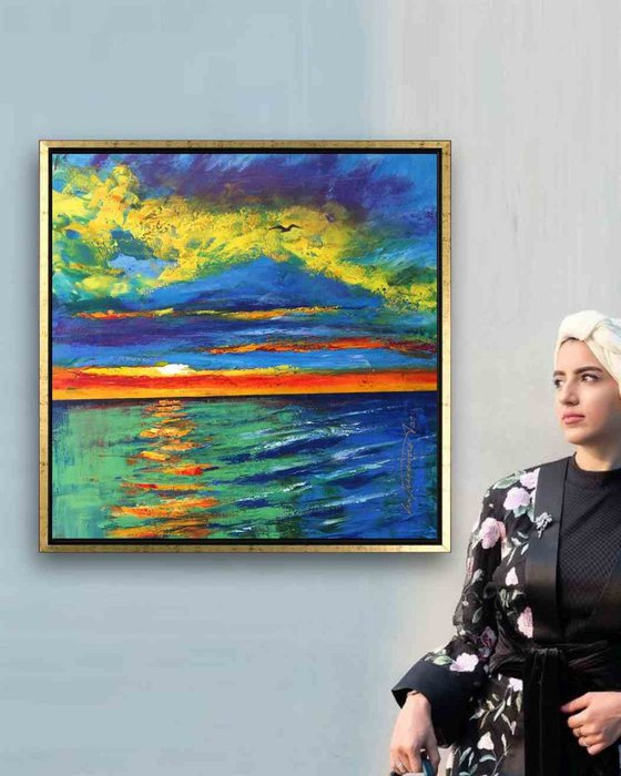 Semi Abstract Sky and Clouds Seascape, Large Landscape in Impressionist Style, Original Acrylic Painting, Cloudscape with Sunset, Expressive Sunset and Sunrise Painting, Sea and Sky