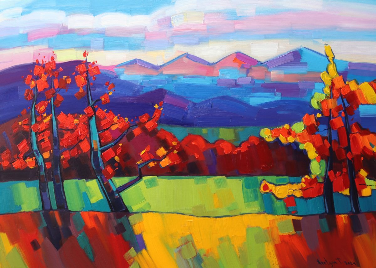 Expressive Landscape Oil Painting By Tigran Avetyan, 28 X 20", Autumn Landscape, Original Artwork