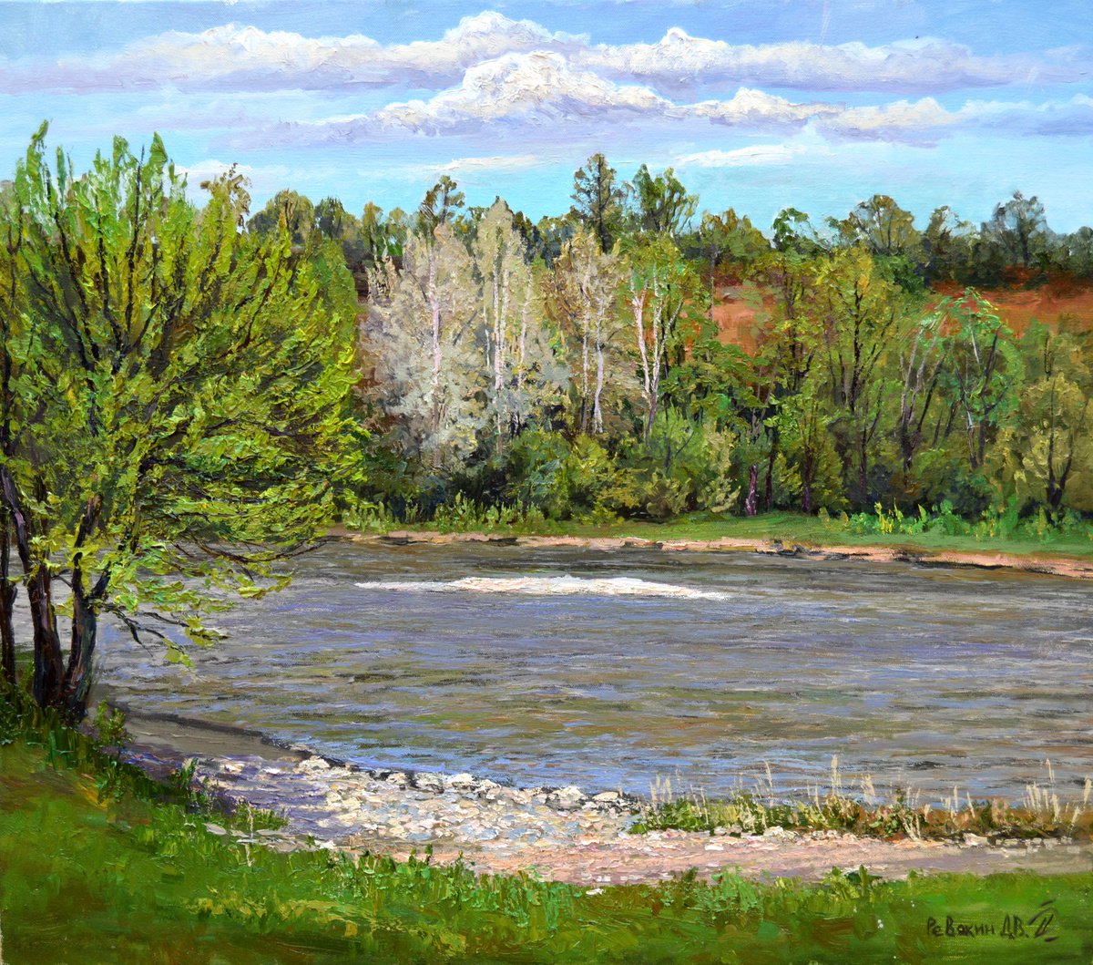 Original oil painting landscape river shore in a forest by Dmitry Revyakin