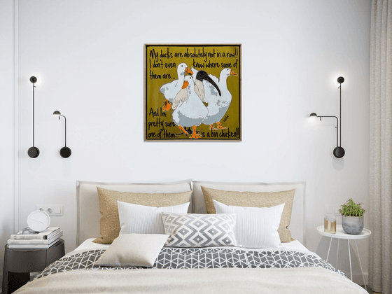 Ducks in a Row Gold Bin Chicken Framed