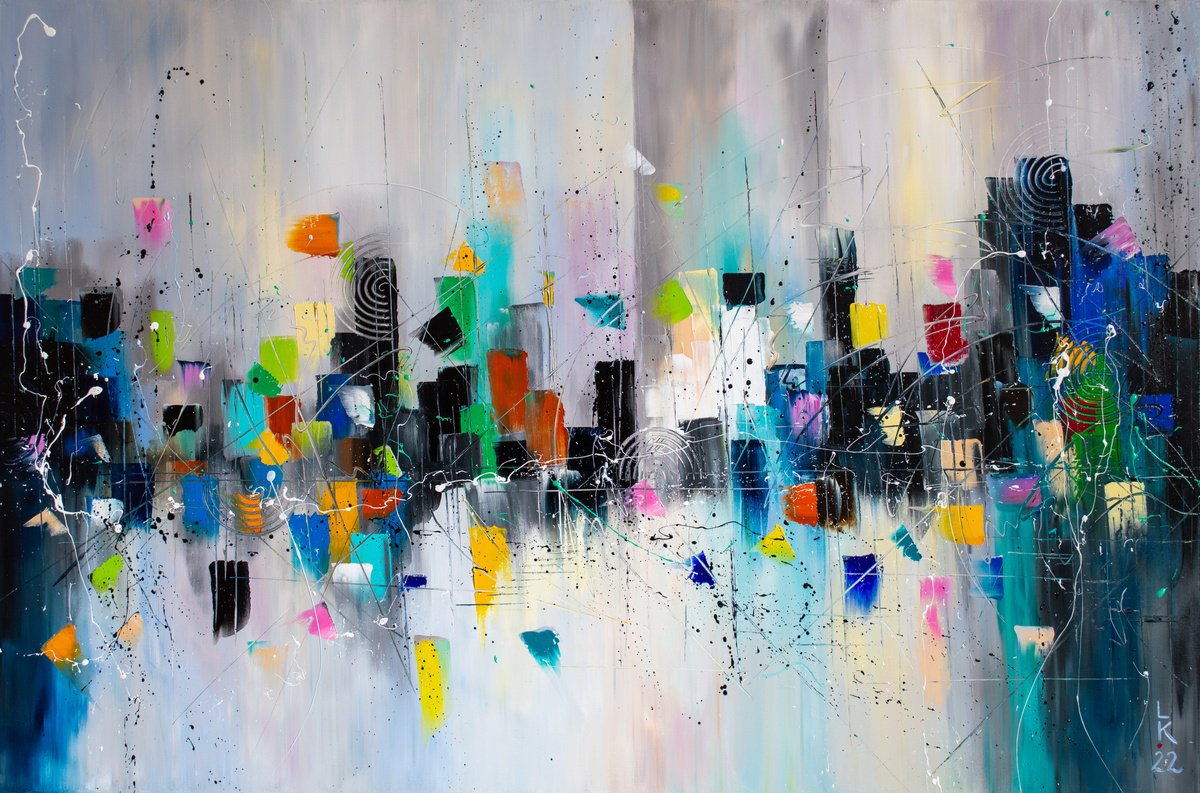 Abstract Oil Painting By Liubov Kuptsova, 47 X 31", Rhythm Of The City, Original Artwork