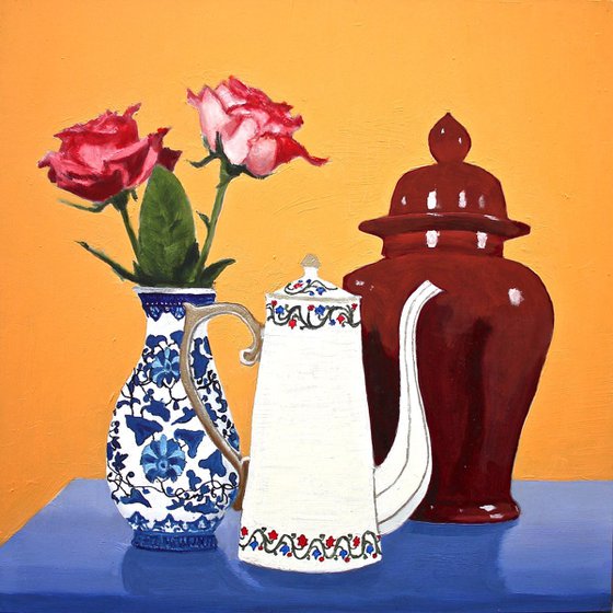 Two Roses, White Teapot, Maroon Ginger Jar