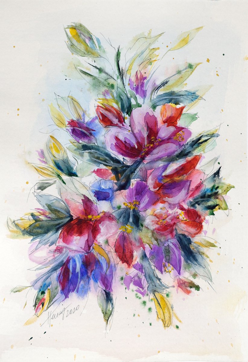 Impressionistic Botanical Watercolour By Aniko Hencz, 8 X 12, Purple Flowers, Original Artwork