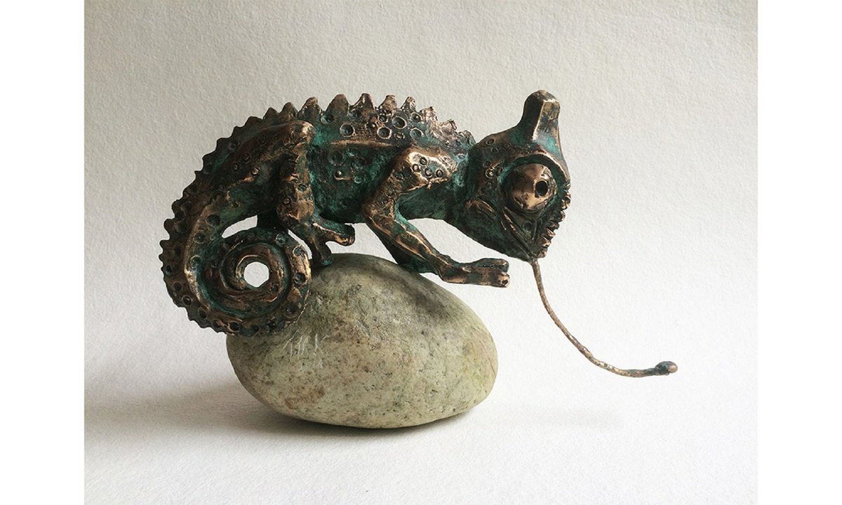 Expressive Animal Bronze Sculpture By Toth Kristof, 12 X 10", Chameleon, Original Artwork