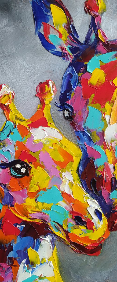 Big mother's love - animal, motherhood, giraffes, animal face, love, mother, painting on canvas, mother and child, gift, animals art, animals oil painting by Anastasia Kozorez