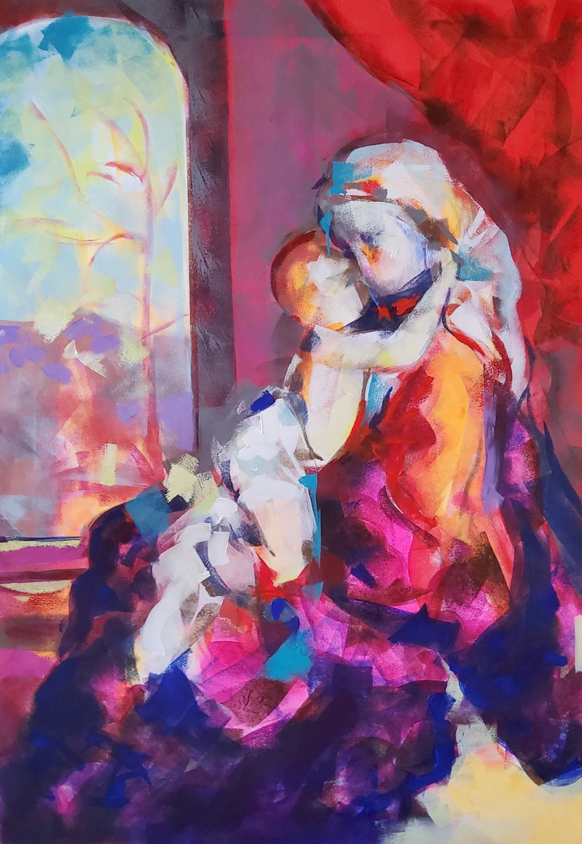 Expressive Portrait Acrylic Painting By Marina Del Pozo, 32 X 46", Madonna And Child 9, Original Artwork