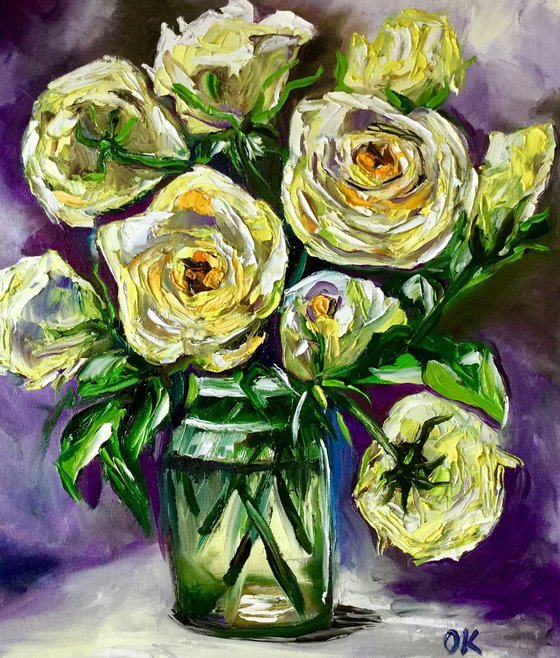 BOUQUET OF YELLOW  ROSES  palette knife modern purple   still life  flowers Dutch style office home decor gift