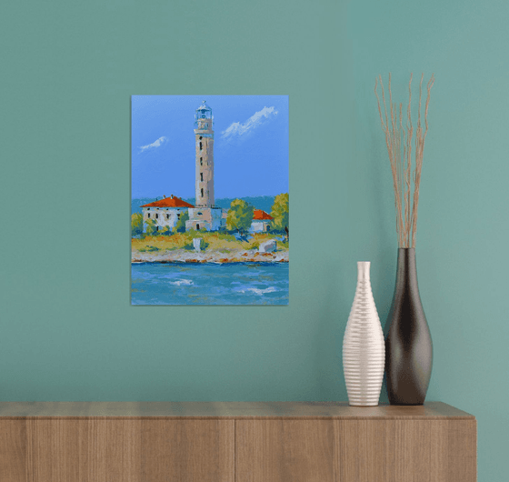 Lighthouse Savudria in Croatia. Adriatic sea coast. Istrian landscape