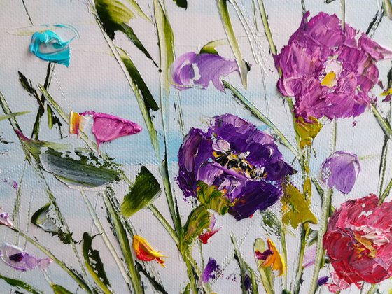 Summer heat, flowers, sky,  gift, oil palette knife painting