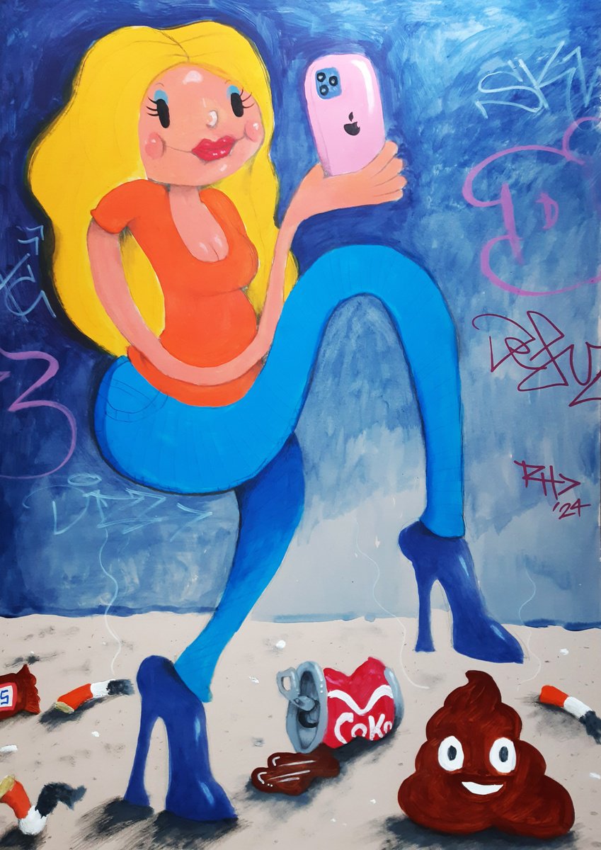 Urban And Pop Portrait Acrylic Painting By Ross Hendrick, 23 X 33", Watch Your Step, Original Artwork