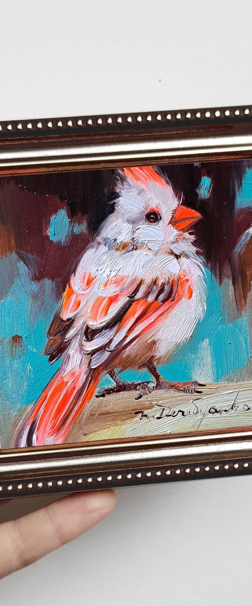 Cardinal red white bird by Nataly Derevyanko