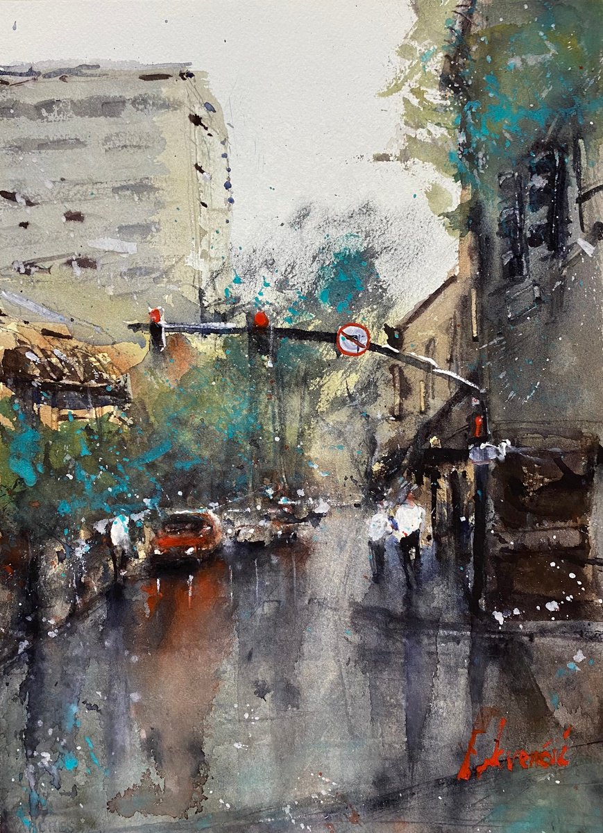 Impressionistic Cityscapes Watercolour By Tihomir Cirkvencic, 10 X 14", After The Rain, Original Artwork
