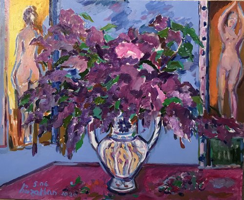 LILAC MORNING - Still-life flowers in vase, original oil paining, medium size, purple flower nude, home interior office decor by Karakhan