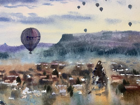 Hot air balloons in the sky over the city  Cappadocia