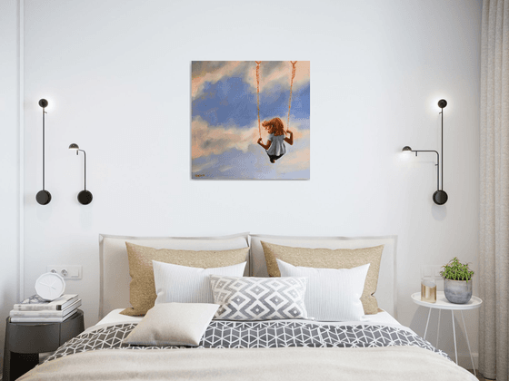 Childhood - Small Girl on Swing Cloud Sky Painting Painting